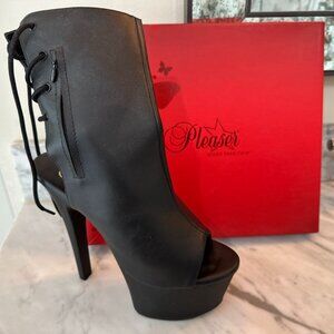 Pleaser Heels, womens shoes, flat black, faux leather, back laced, Delight-1018